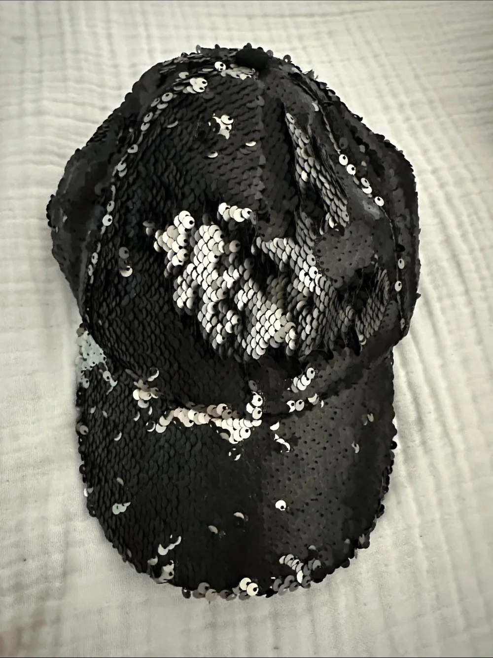 Steve Madden Double Take Matte Black Gray Reverse Sequin Baseball Hat Cap